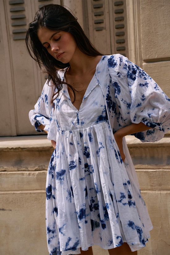 Kyra | Mini Dress | Deep Sea Blue Floral - Boho Relaxed Fit Balloon-Sleeved Gauze Cotton