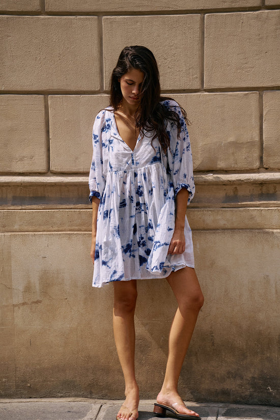 Kyra | Mini Dress | Deep Sea Blue Floral - Boho Relaxed Fit Balloon-Sleeved Gauze Cotton | Daughters Of India Kyra | Mini Dress | Deep Sea Blue Floral - Boho Relaxed Fit Balloon-Sleeved Gauze Cotton | Daughters Of India