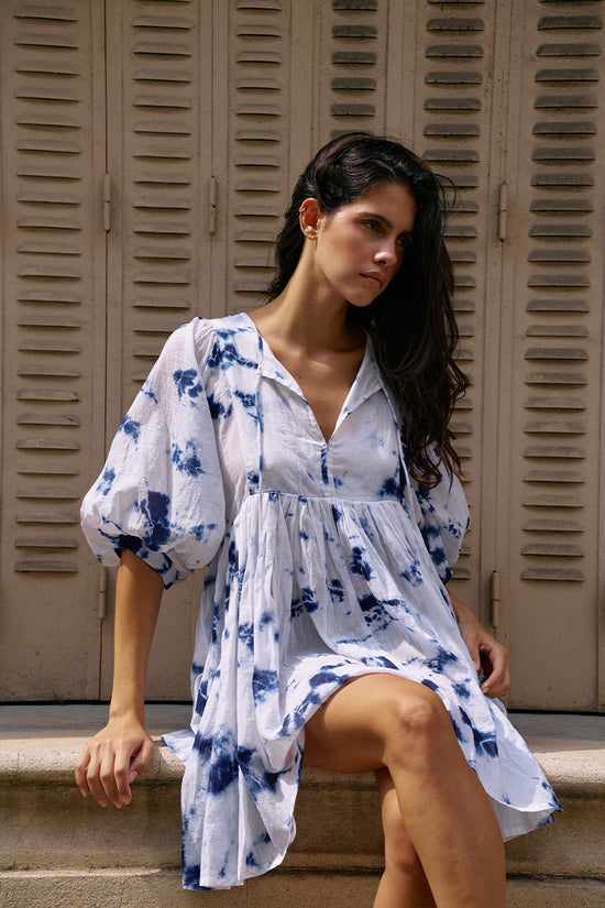 daughters of india kyra mini dress Kyra | Mini Dress | Azure Blue Floral - Boho Relaxed Fit Balloon-Sleeved Gauze Cotton