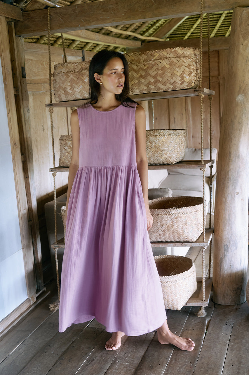 Nadi Dress Mauve - Boho Relaxed Fit Double Gauze Cotton