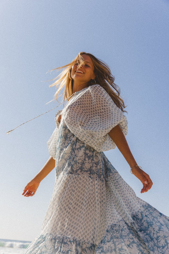 Nora | Maxi Dress | Aquamarine - Boho Balloon Sleeve Gauze Cotton