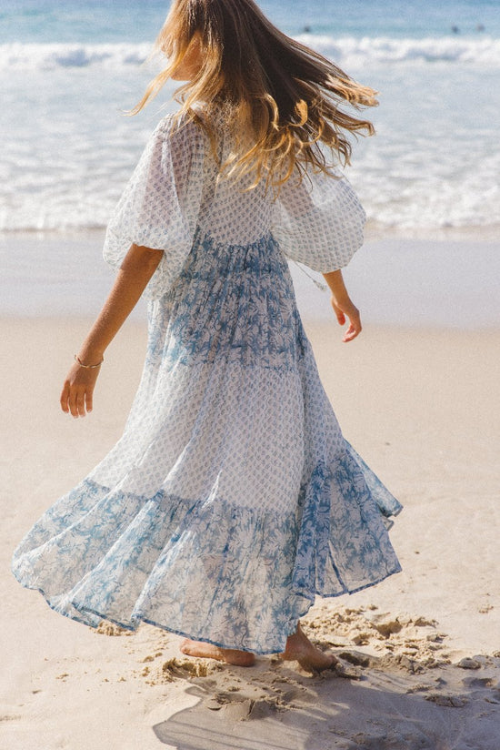 Nora | Maxi Dress | Aquamarine - Boho Balloon Sleeve Gauze Cotton