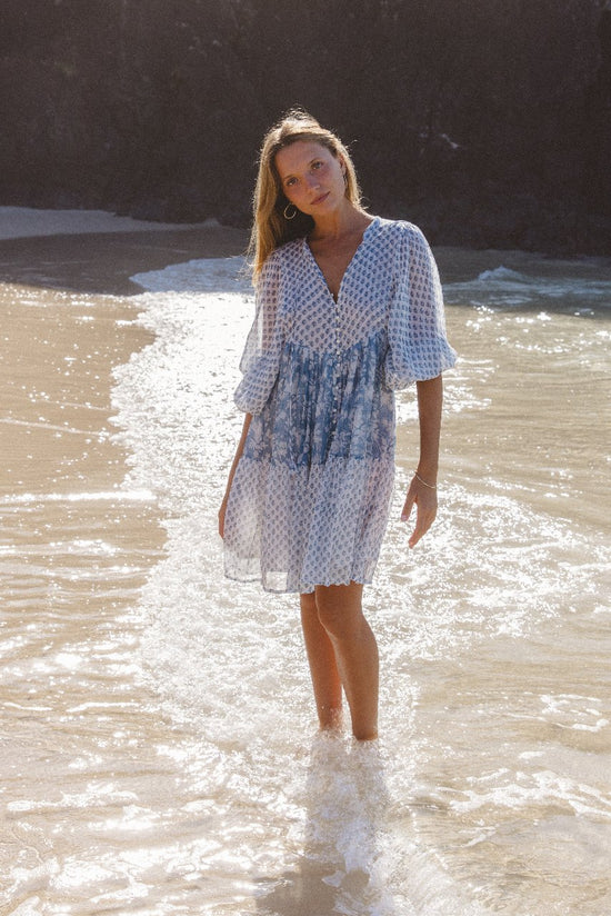 Nora | Mini Dress | Aquamarine - Boho Balloon Sleeve Gauze Cotton