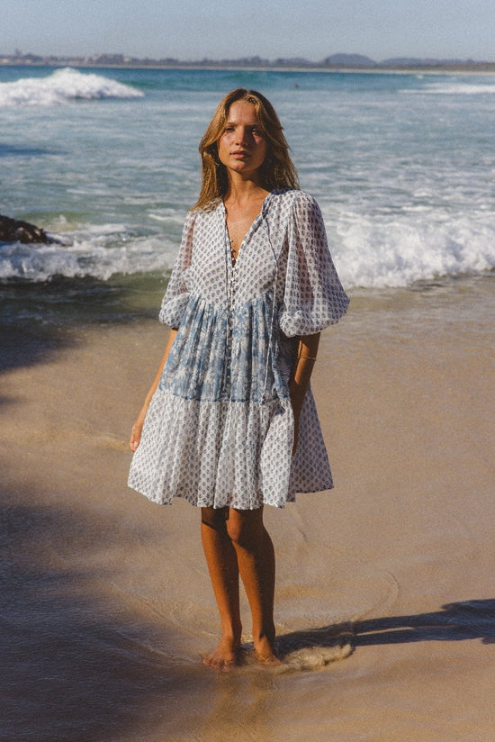 Nora | Mini Dress | Aquamarine - Boho Balloon Sleeve Gauze Cotton