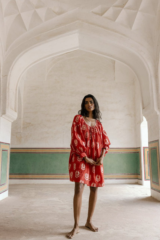 Ria | Mini Dress | Ruby Red Floral - Boho Oversized Fit Cotton