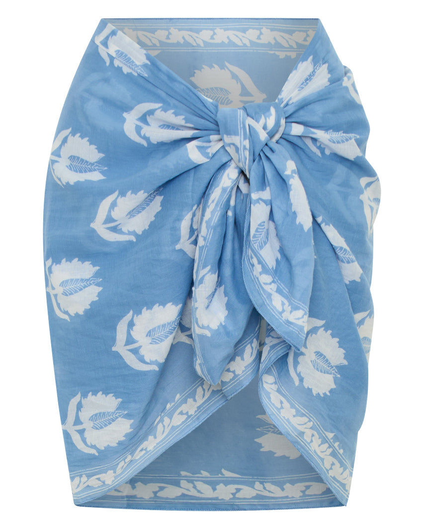 Ria Sarong Sky — ghost mannequin front view tied at waist as mini wrap, sky blue hand block print cotton sarong with white lotus motifs, white background | Daughters of India