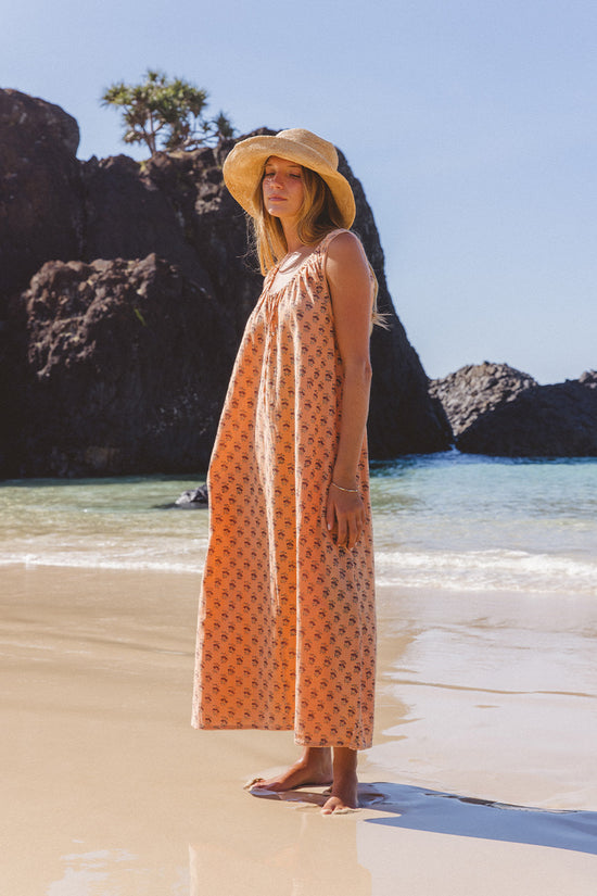 Sundress Sleeveless | Midi Dress | Peach Apricot - Boho Relaxed Fit Cotton | Daughters of India Sundress Sleeveless | Midi Dress | Peach Apricot - Boho Relaxed Fit Cotton | Daughters of India