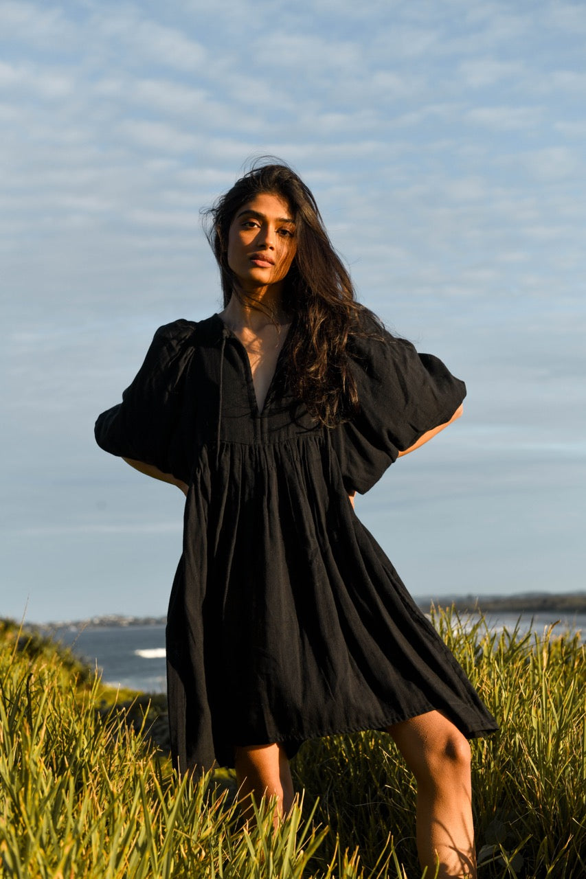 Kyra | Mini Dress | Black Gauze - Boho Balloon Sleeve Gauze Cotton