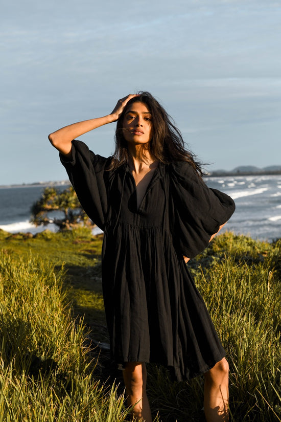 Kyra | Mini Dress | Black Gauze - Boho Balloon Sleeve Gauze Cotton | Daughters of India Kyra | Mini Dress | Black Gauze - Boho Balloon Sleeve Gauze Cotton | Daughters of India