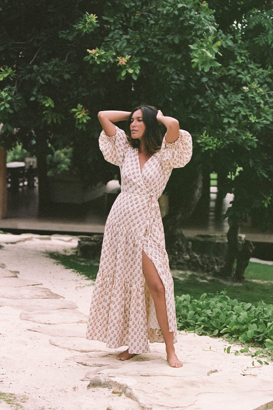 Zuri Wrap Dress ~ Peony | Hand Block Printed Cream Wrap Dress – DOI