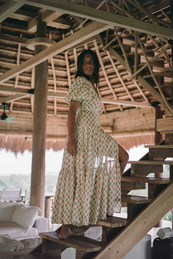 Zuri Wrap Dress ~ Peony | Hand Block Printed Cream Wrap Dress – DOI