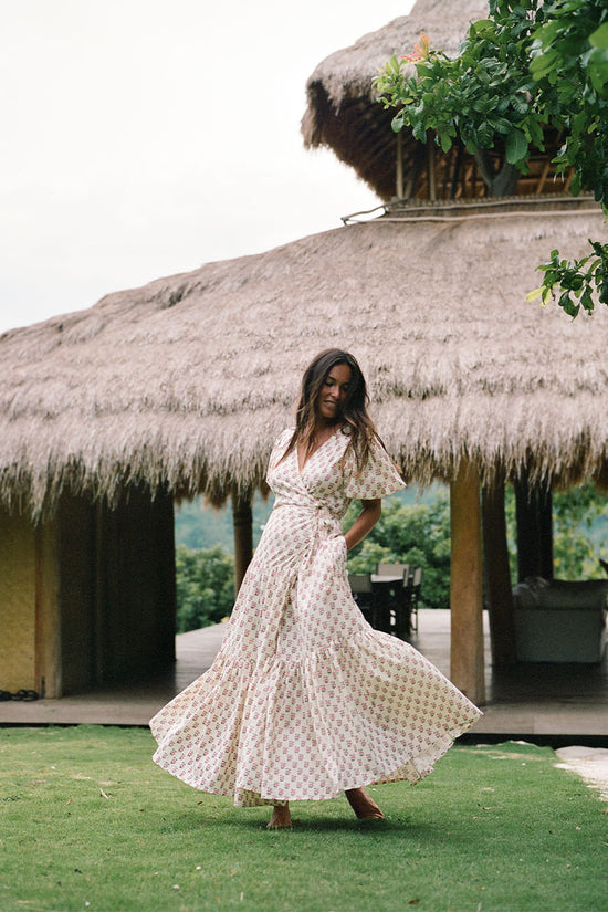 Zuri Wrap Dress Peony - Boho Puff Sleeve Gauze Cotton | Daughters of India Zuri Wrap Dress Peony - Boho Puff Sleeve Gauze Cotton | Daughters of India