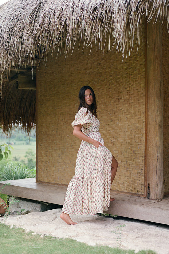 Zuri Wrap Dress ~ Peony | Hand Block Printed Cream Wrap Dress DOI Zuri Wrap Dress ~ Peony | Hand Block Printed Cream Wrap Dress DOI
