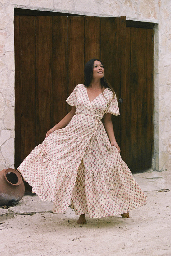 Zuri Wrap Dress Peony - Boho Puff Sleeve Gauze Cotton