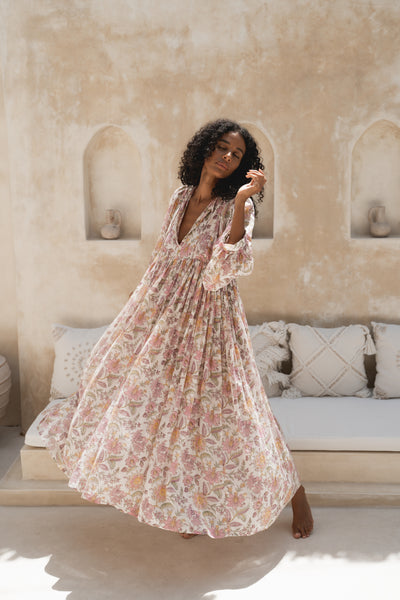 kezia floral maxi dress Kyra | Maxi Dress | Fuchsia Bloom Pink Floral - Boho Relaxed Fit Balloon-Sleeved Gauze Cotton