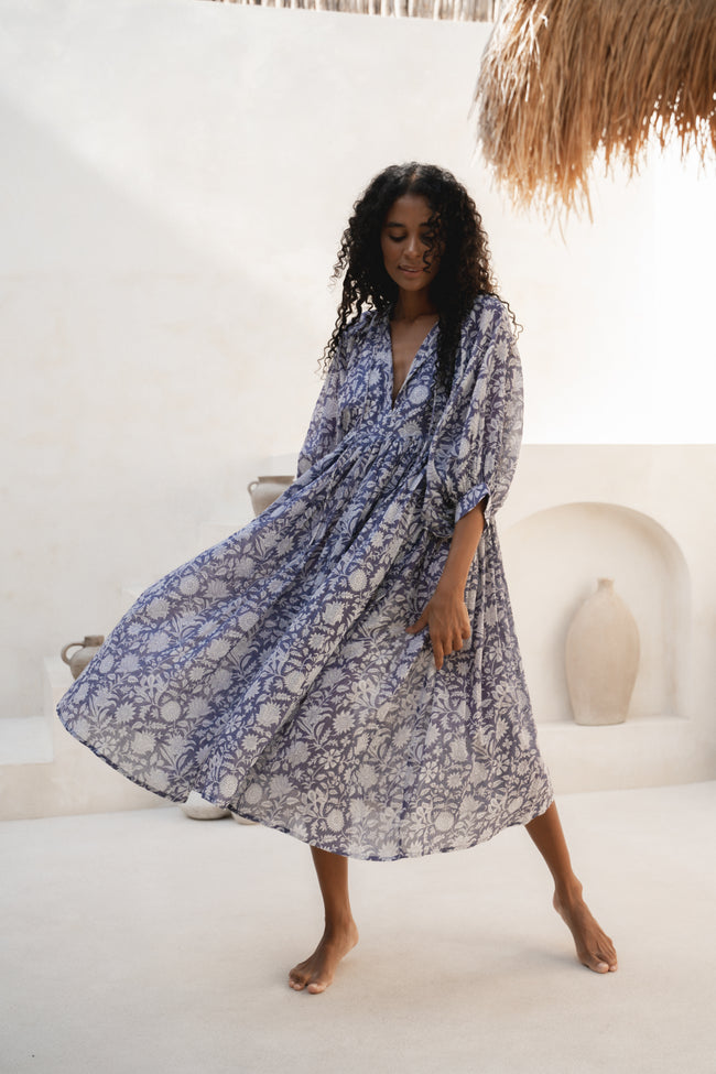 Kyra | Midi Dress | Blue Iris Floral - Boho Relaxed Fit Balloon-Sleeved Gauze Cotton | Daughters of India Kyra | Midi Dress | Blue Iris Floral - Boho Relaxed Fit Balloon-Sleeved Gauze Cotton | Daughters of India