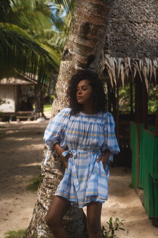 Freya | Mini Dress | Periwinkle Blue Plaid - Boho Billow Sleeve Gauze Cotton | Daughters of India Freya | Mini Dress | Periwinkle Blue Plaid - Boho Billow Sleeve Gauze Cotton | Daughters of India