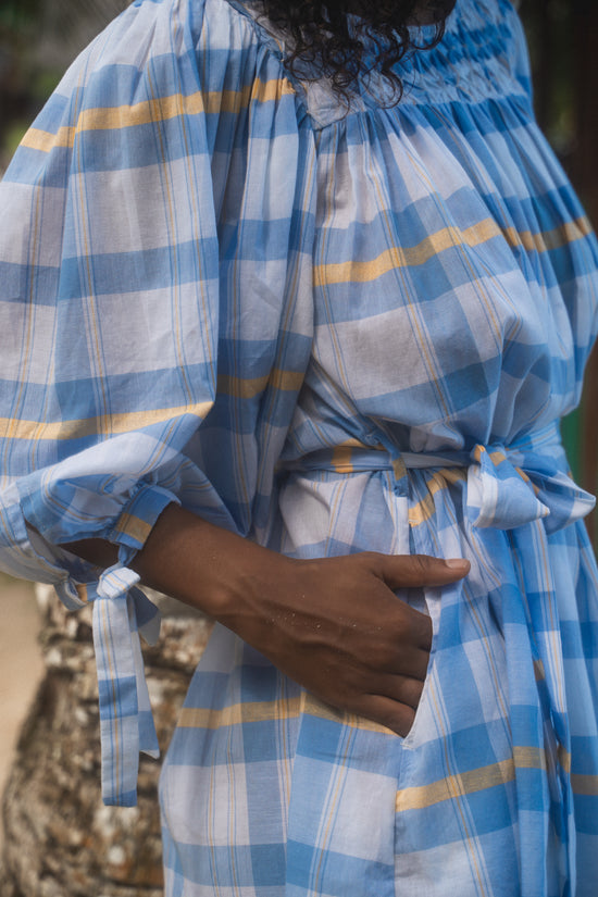 Freya Dress ~ Periwinkle Blue Plaid | Artisan Handwoven & Embroidered Dress DOI Freya Dress ~ Periwinkle Blue Plaid | Artisan Handwoven & Embroidered Dress DOI