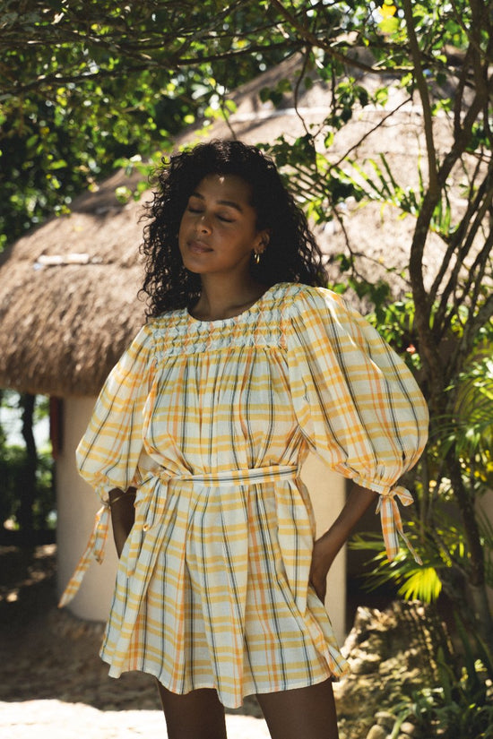 Freya | Mini Dress | Honeycomb Plaid - Boho Relaxed Fit Billow Sleeve Gauze Cotton | Daughters of India Freya | Mini Dress | Honeycomb Plaid - Boho Relaxed Fit Billow Sleeve Gauze Cotton | Daughters of India