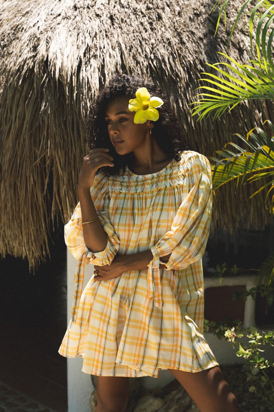 freya mini dress Freya | Mini Dress | Honeycomb Plaid - Boho Relaxed Fit Billow Sleeve Gauze Cotton