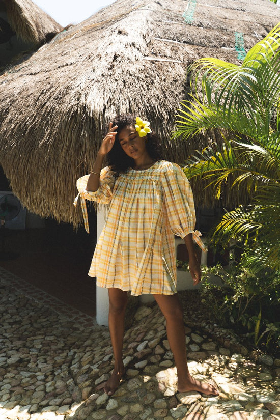 Freya | Mini Dress | Honeycomb Plaid - Boho Relaxed Fit Billow Sleeve Gauze Cotton | Daughters of India Freya | Mini Dress | Honeycomb Plaid - Boho Relaxed Fit Billow Sleeve Gauze Cotton | Daughters of India