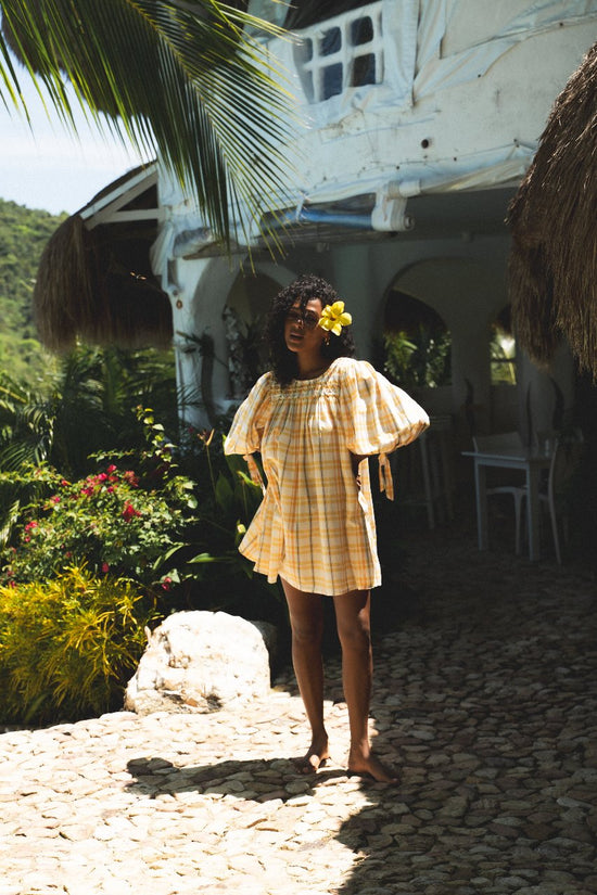 Freya | Mini Dress | Honeycomb Plaid - Boho Relaxed Fit Billow Sleeve Gauze Cotton | Daughters of India Freya | Mini Dress | Honeycomb Plaid - Boho Relaxed Fit Billow Sleeve Gauze Cotton | Daughters of India