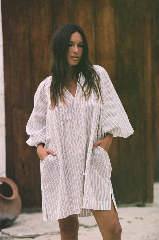 poet linen mini dress Poet Mini Dress, Brown Gauze