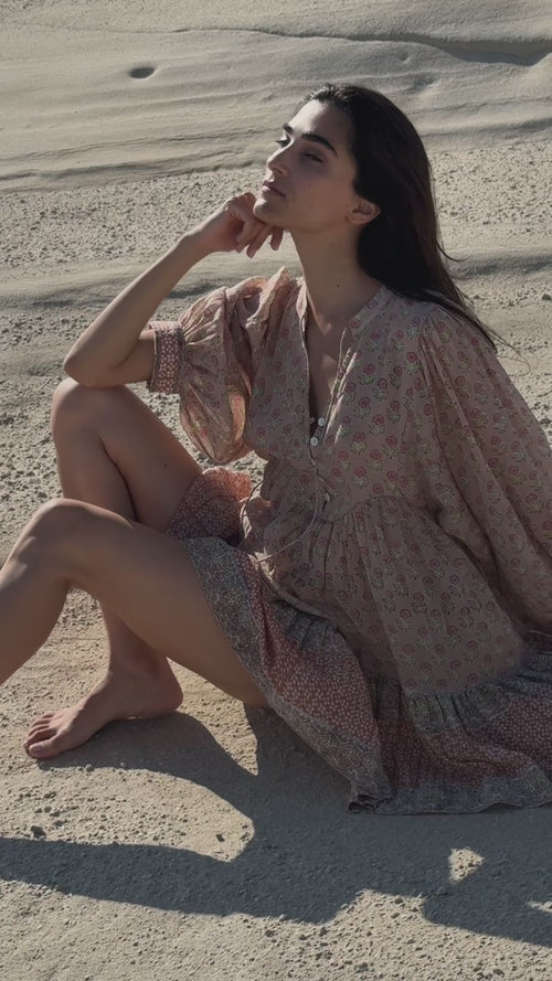 Bhoomi Mini Dress ~ Sunset | Boho Block Print Cotton Mini Dress  DOI