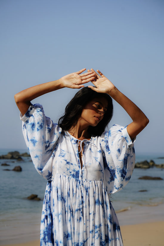 white christmas dresses Kyra | Midi Dress | Deep Sea Floral - Boho Relaxed Fit Balloon-Sleeved Gauze Cotton