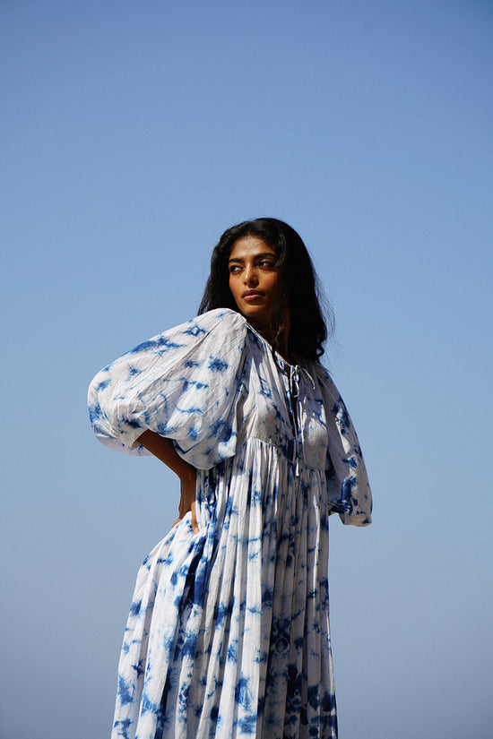 midi women's cotton tie dye dresses Kyra | Midi Dress | Deep Sea Floral - Boho Relaxed Fit Balloon-Sleeved Gauze Cotton