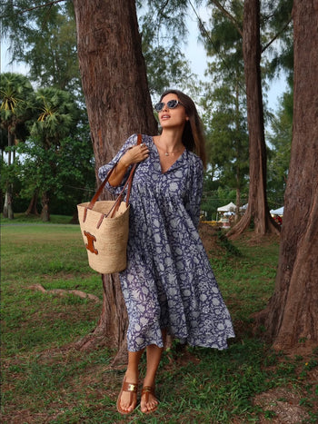 Kyra Midi Dress Blue Iris | Boho Block Print Cotton Dress DOI Kyra Midi Dress Blue Iris | Boho Block Print Cotton Dress DOI