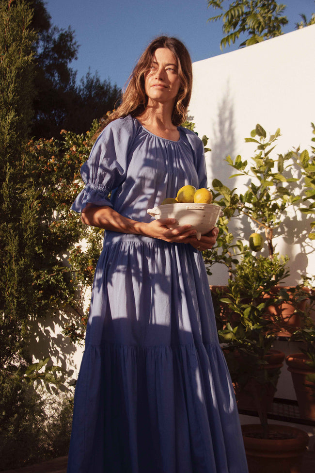 Kyra Midi Dress Blue Iris | Boho Block Print Cotton Dress DOI Kyra Midi Dress Blue Iris | Boho Block Print Cotton Dress DOI