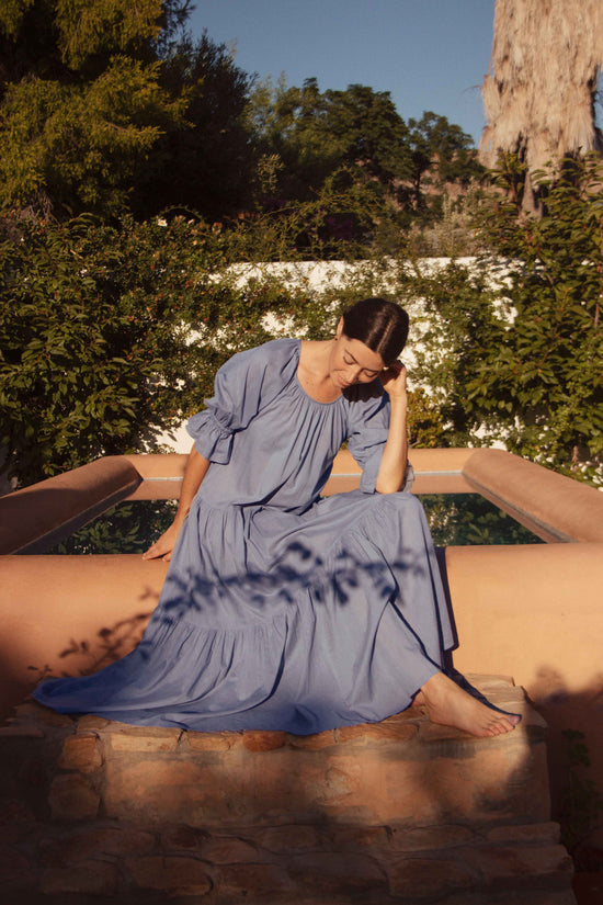 daughters of india blue dress Kyra | Midi Dress | Ocean Blue Floral - Boho Relaxed Fit Balloon-Sleeved Gauze Cotton
