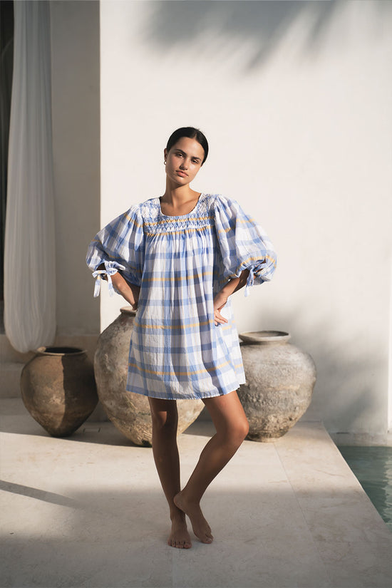 Freya | Mini Dress | Periwinkle Blue Plaid - Boho Billow Sleeve Gauze Cotton | Daughters of India Freya | Mini Dress | Periwinkle Blue Plaid - Boho Billow Sleeve Gauze Cotton | Daughters of India