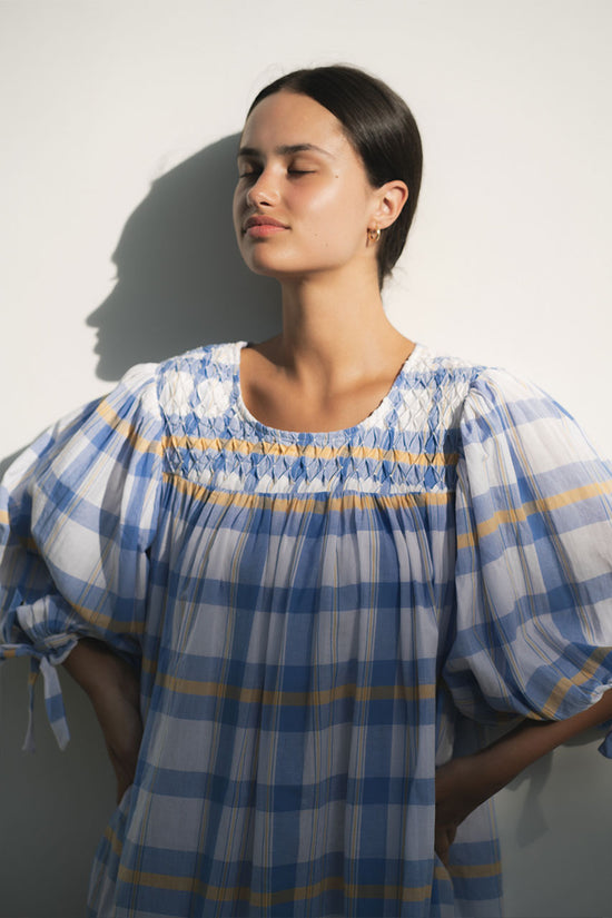 Freya | Mini Dress | Periwinkle Blue Plaid - Boho Billow Sleeve Gauze Cotton | Daughters of India Freya | Mini Dress | Periwinkle Blue Plaid - Boho Billow Sleeve Gauze Cotton | Daughters of India