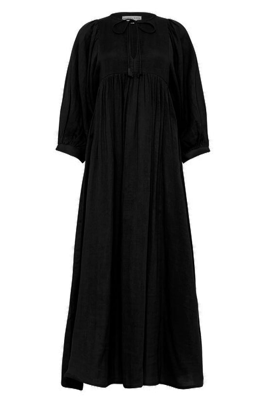 black cotton midi dress with sleeves Black Cotton Waffle Square Neck Tiered Midi Dress 38" / Tall (5'7" and above)