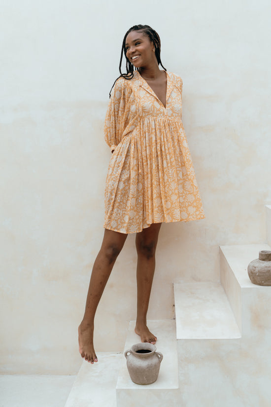 tangerine mini dress Kyra | Mini Dress | Tangerine - Boho Balloon Sleeve Gauze Cotton