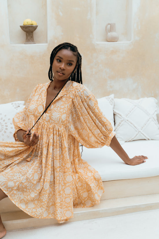tangerine mini dress Kyra | Mini Dress | Tangerine - Boho Balloon Sleeve Gauze Cotton