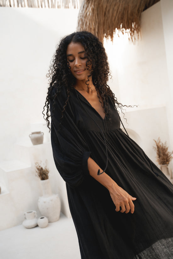 Kyra Gauze | Midi Dress | Black - Boho Relaxed Fit Cotton LBD | Daughters of India Kyra Gauze | Midi Dress | Black - Boho Relaxed Fit Cotton LBD | Daughters of India