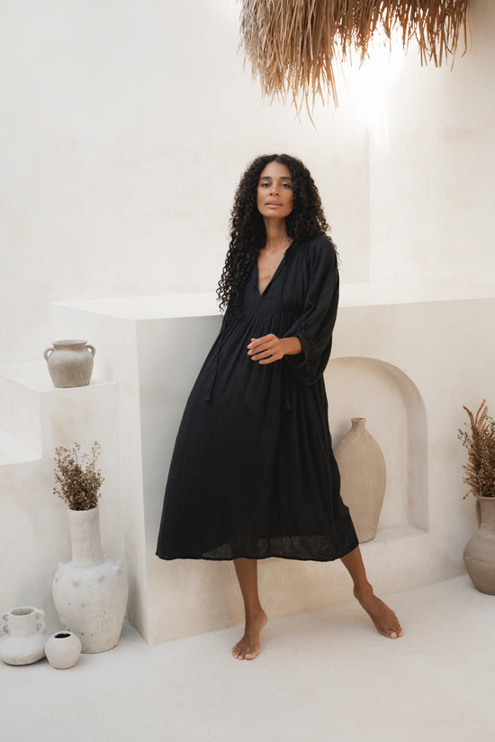 Kyra Gauze | Midi Dress | Black - Boho Relaxed Fit Cotton LBD | Daughters of India Kyra Gauze | Midi Dress | Black - Boho Relaxed Fit Cotton LBD | Daughters of India
