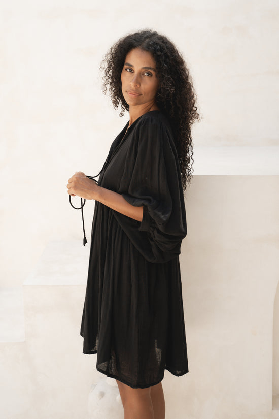 Kyra | Mini Dress | Black Gauze - Boho Balloon Sleeve Gauze Cotton