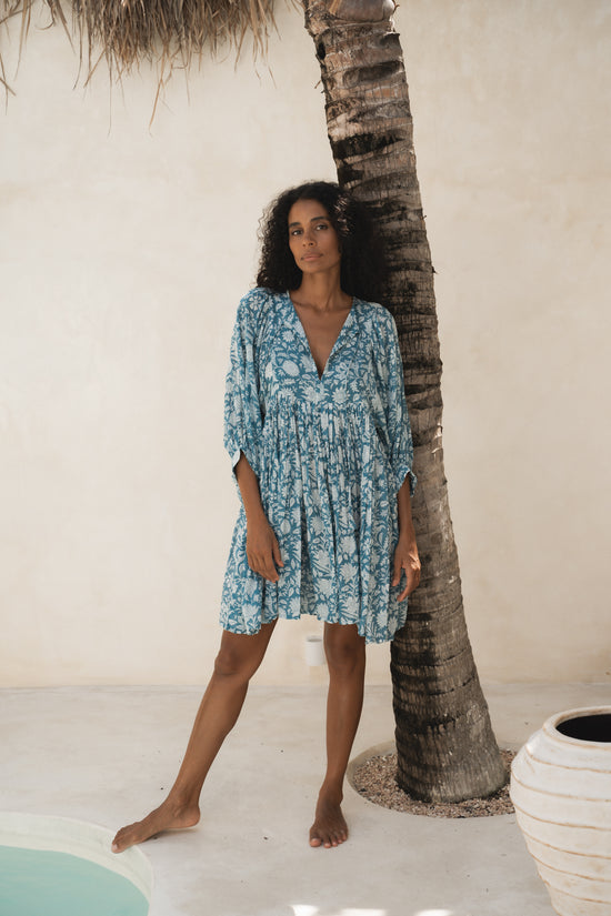 daughters of india blue dress Kyra | Midi Dress | Ocean Blue Floral - Boho Relaxed Fit Balloon-Sleeved Gauze Cotton