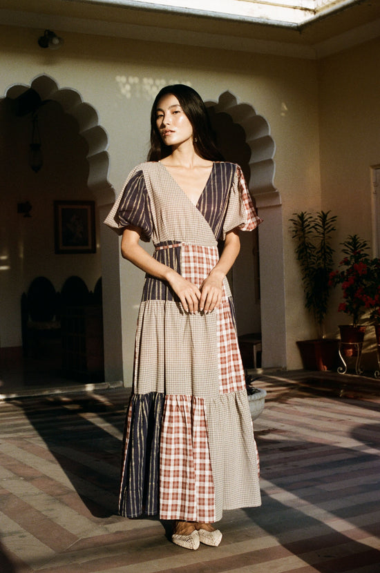 Poet Patchwork | Maxi Dress | Beige/Cream/Brown - Boho Relaxed Fit Gauze Cotton | Daughters of India Poet Patchwork | Maxi Dress | Beige/Cream/Brown - Boho Relaxed Fit Gauze Cotton | Daughters of India